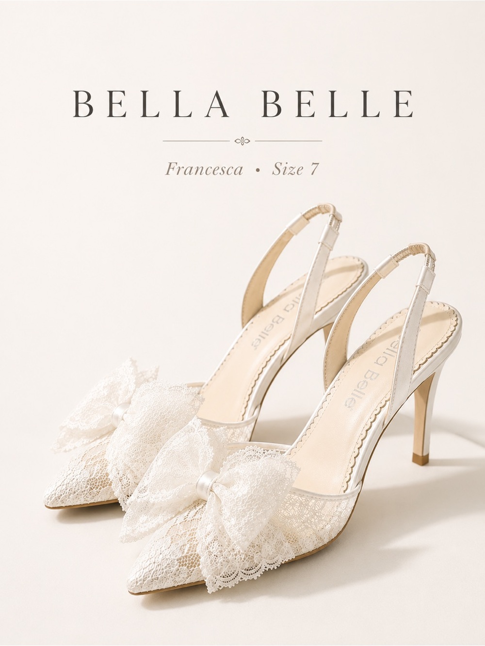 Bella Belle Francesca Lace Bow Slingback Wedding Heels Ivory Size 7